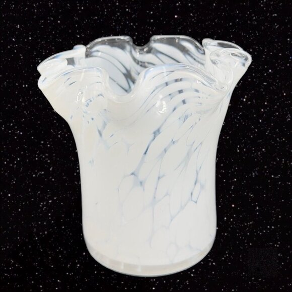 Art Glass Vase With White Specks Dots Ruffled Top Edge Glass Vase Vessel 5”T 5”W - Picture 11 of 15